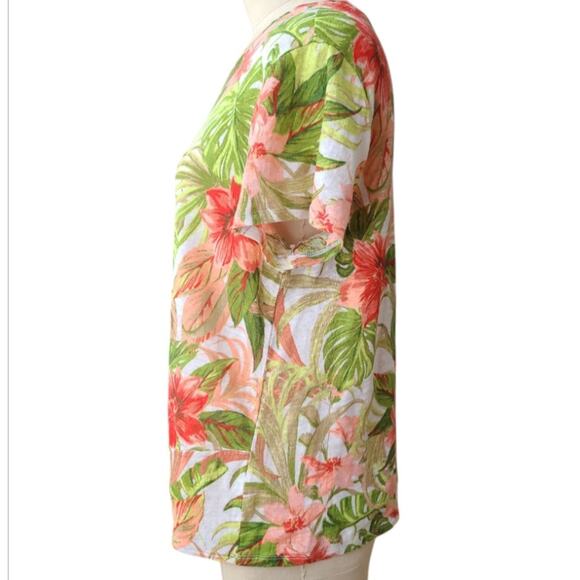 J. Jill Love Linen 100% Linen Floral Short Sleeve Top Side Tie Green Size M Boho - Picture 2 of 10